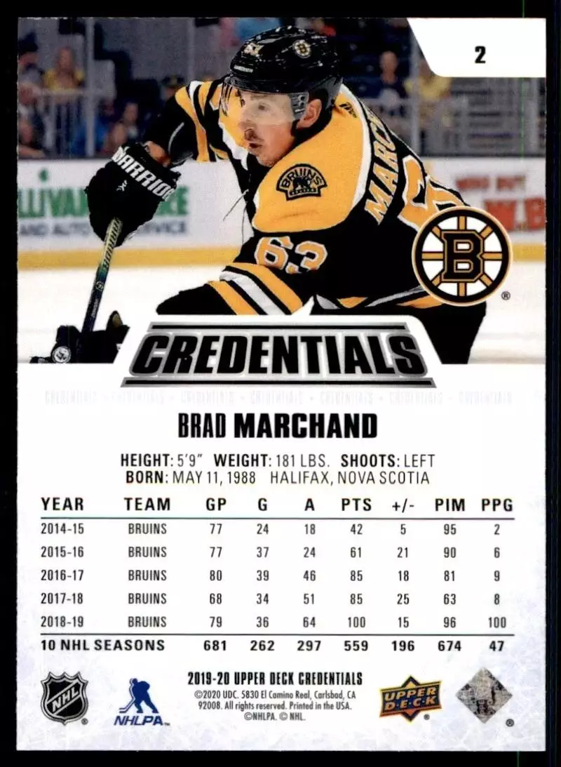 2019-20 Upper Deck Credentials #2 Brad Marchand 1