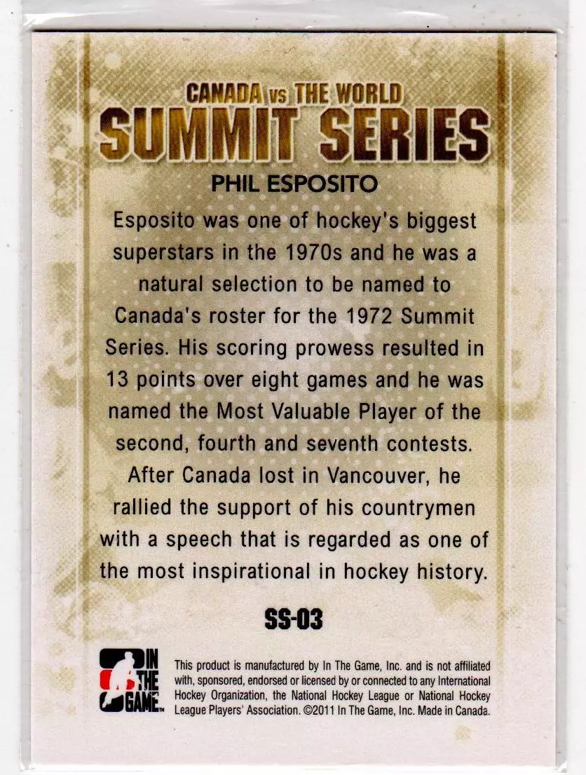2011-12 ITG Canada vs The World Summit Series #SS03 Phil Esposito 1