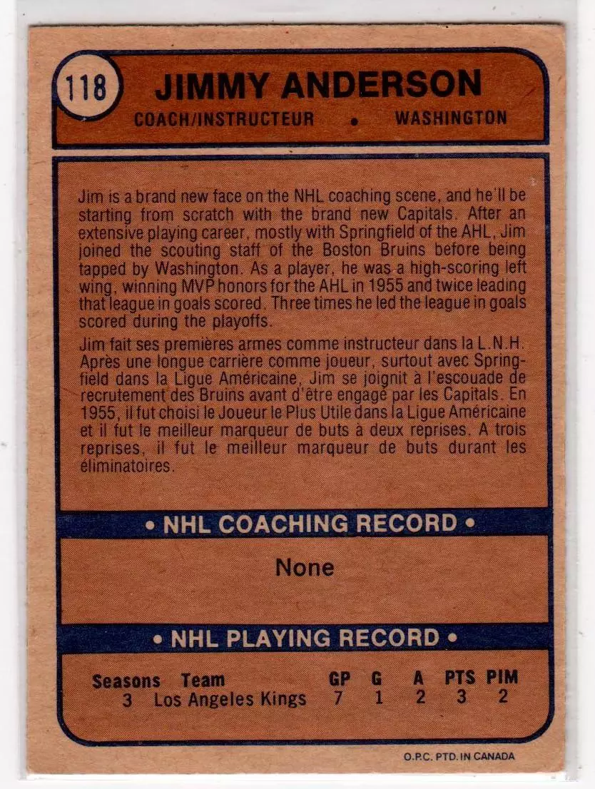 1974-75 O-Pee-Chee #118 Jim Anderson 1