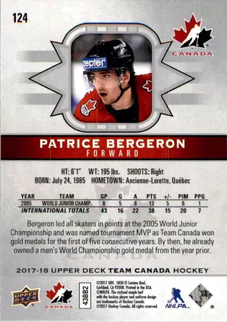 2017-18 Upper Deck Team Canada #124 Patrice Bergeron SP 1