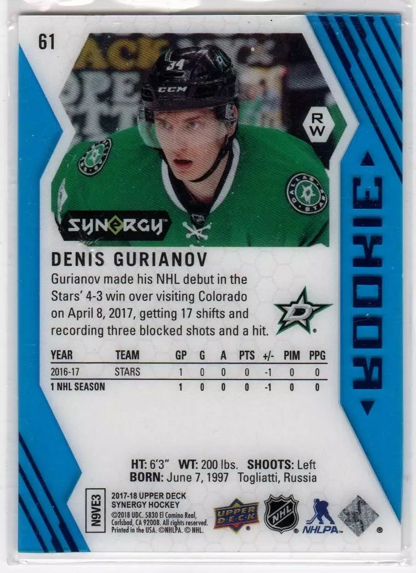 2017-18 Synergy Blue #40 Denis Gurianov RC 1