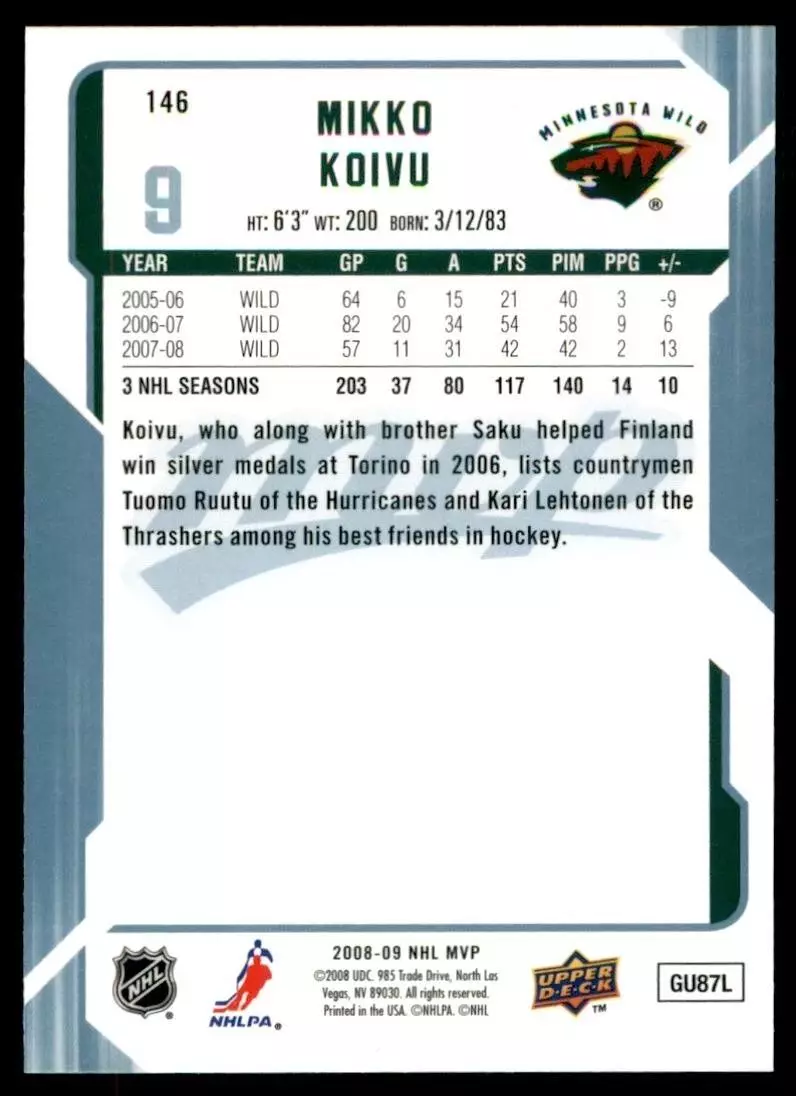 2008-09 Upper Deck MVP #146 Mikko Koivu 1