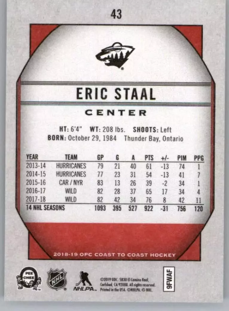 2018-19 O-Pee-Chee Coast to Coast #43 Eric Staal 1