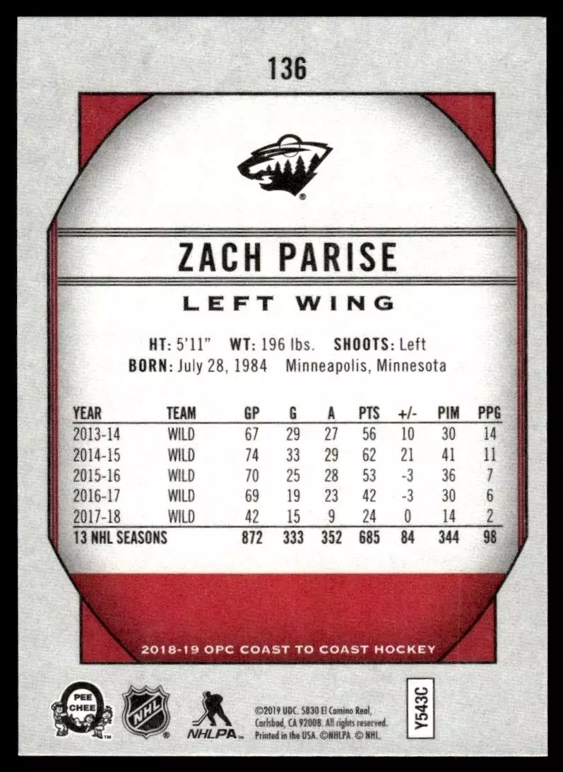 2018-19 O-Pee-Chee Coast to Coast #136 Zach Parise 1