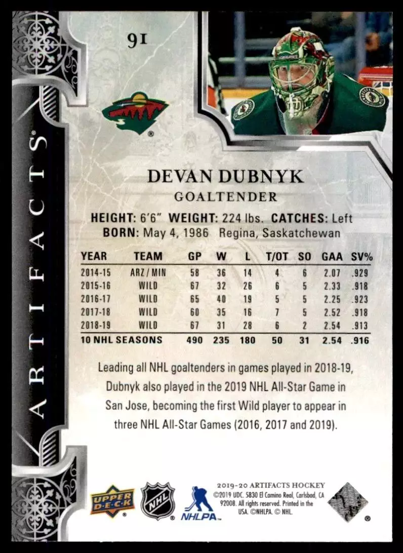 2019-20 Artifacts #91 Devan Dubnyk 1