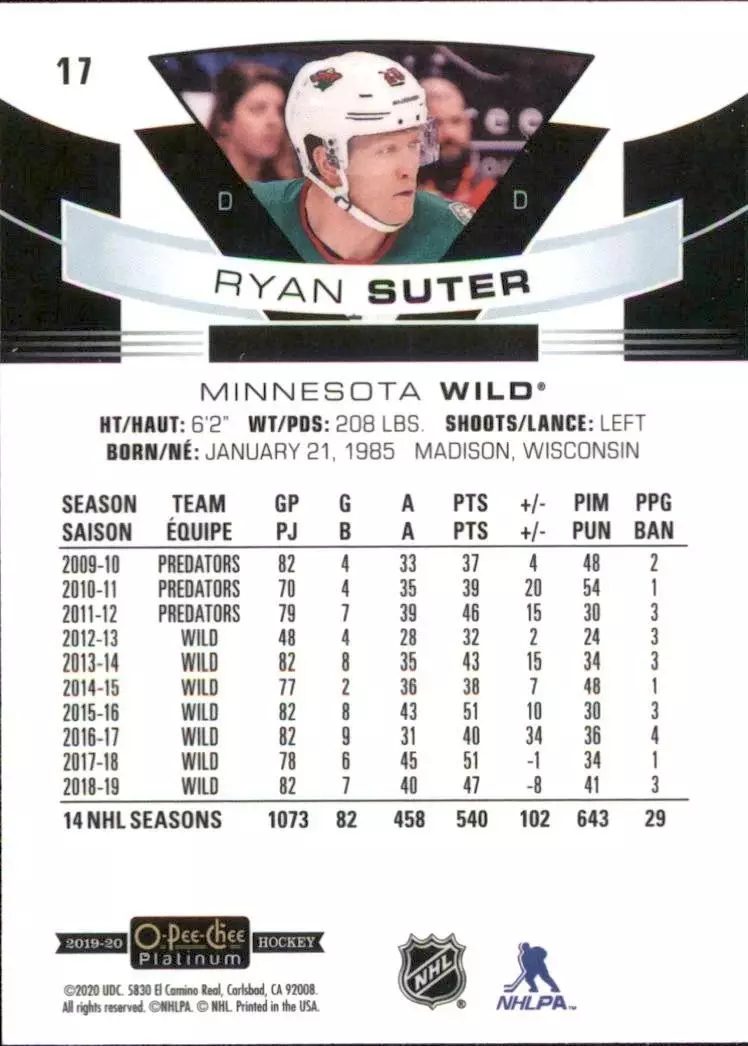 2019-20 O-Pee-Chee Platinum #17 Ryan Suter 1