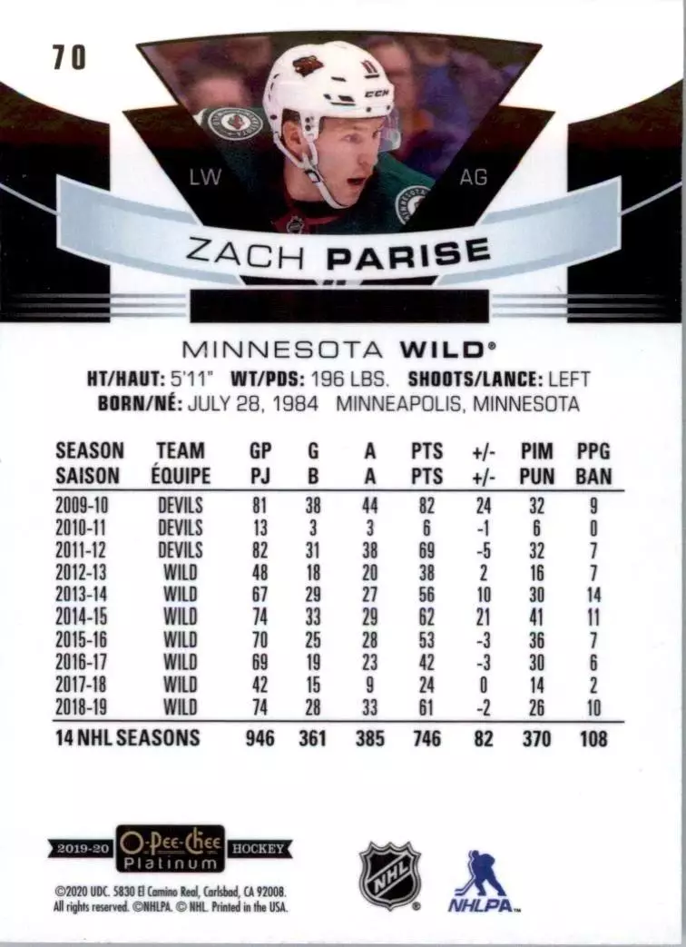 2019-20 O-Pee-Chee Platinum #70 Zach Parise 1