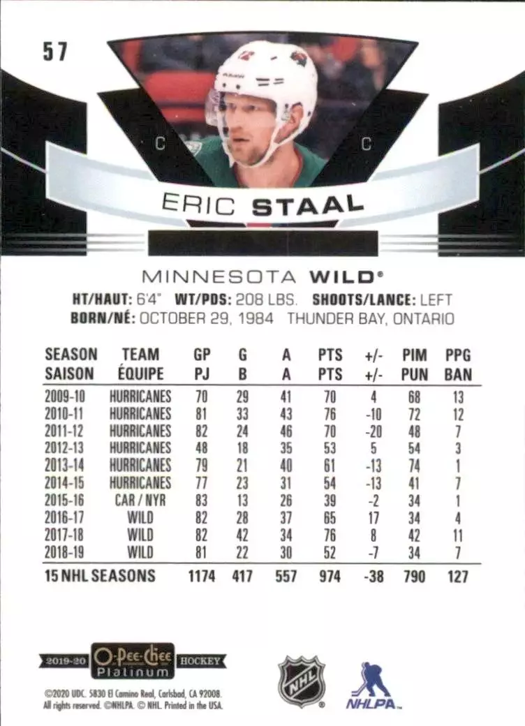 2019-20 O-Pee-Chee Platinum #57 Eric Staal 1