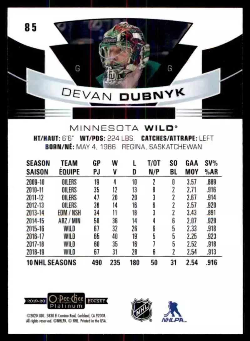 2019-20 O-Pee-Chee Platinum#85 Devan Dubnyk 1