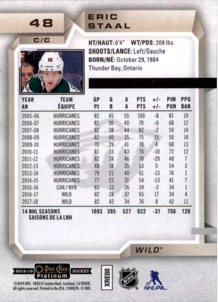 2018-19 O-Pee-Chee Platinum #48 Eric Staal 1