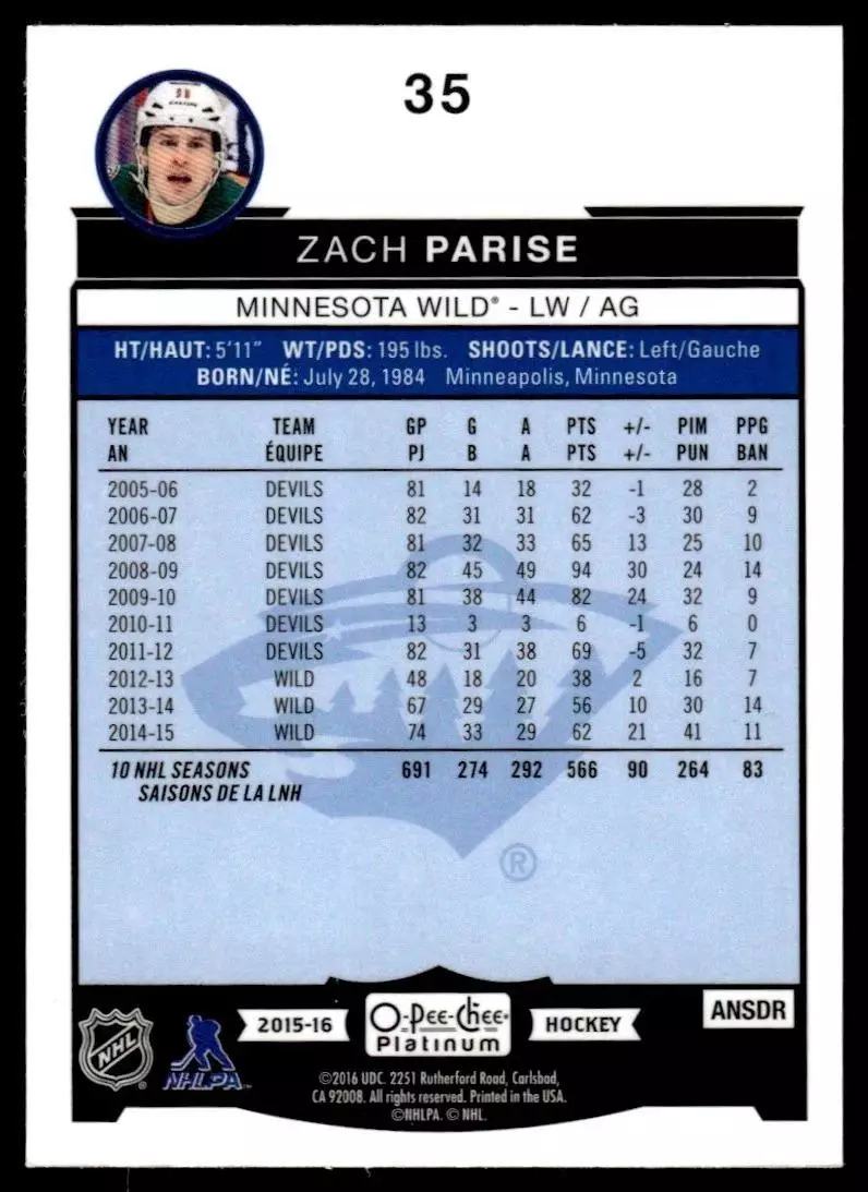 2015-16 O-Pee-Chee Platinum #35 Zach Parise 1