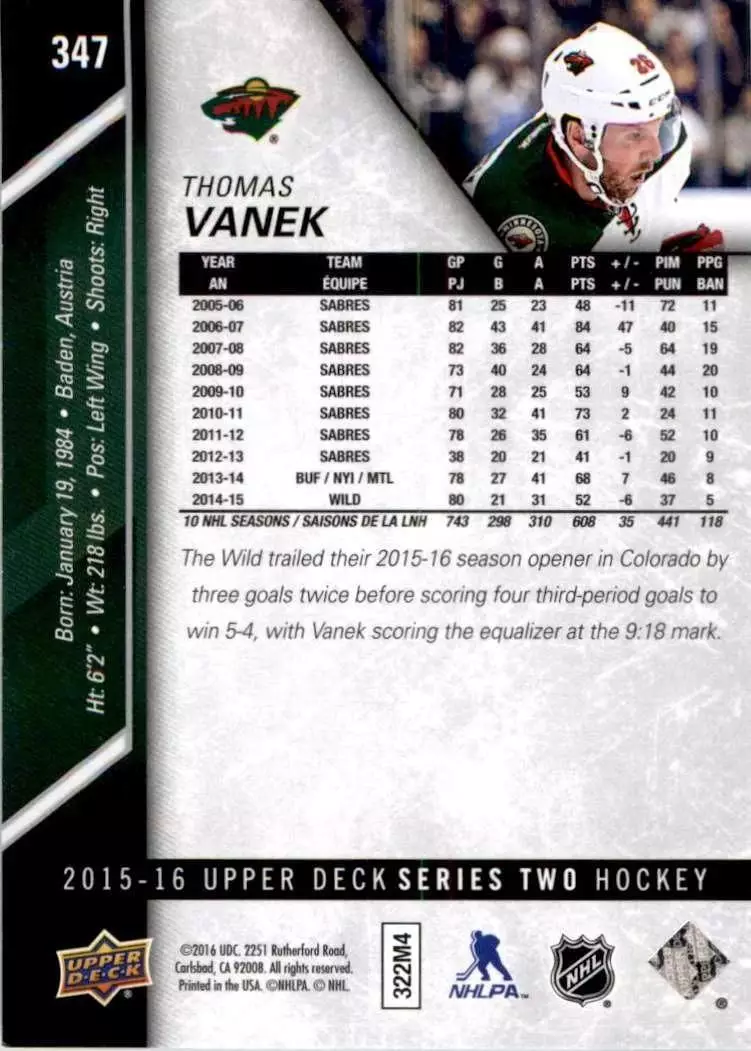 2015-16 Upper Deck #347 Thomas Vanek 1