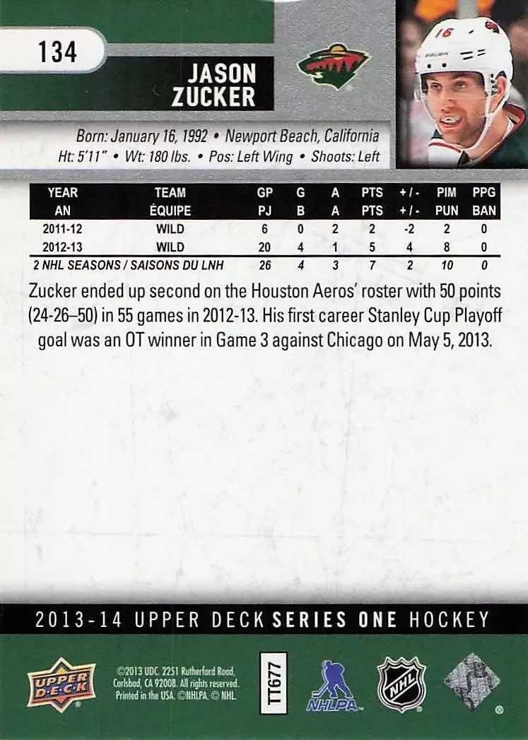 2013-14 Upper Deck #134 Jason Zucker 1