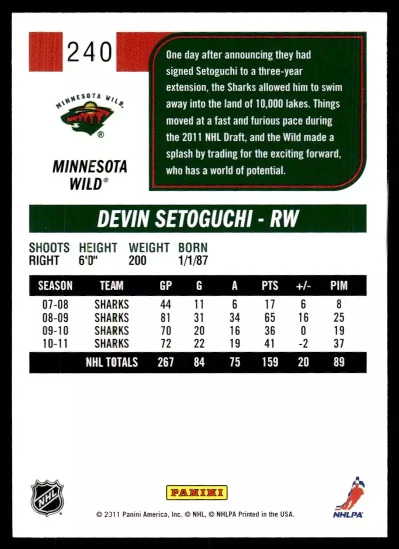 2011-12 Score #240 Devin Setoguchi 1
