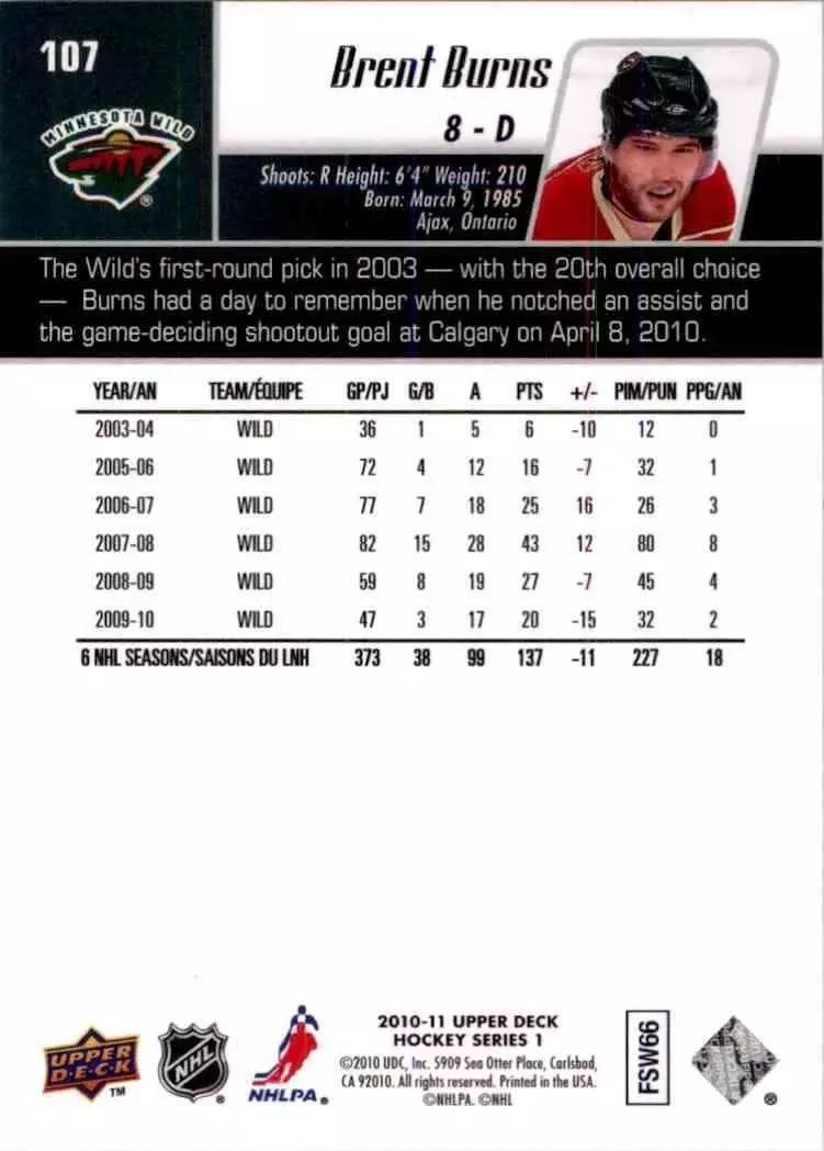 2010-11 Upper Deck #107 Brent Burns 1