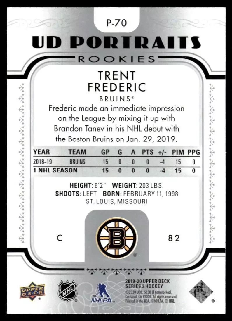 2019-20 Upper Deck Portraits #P70 Trent Frederic RC \ Enforcer 1