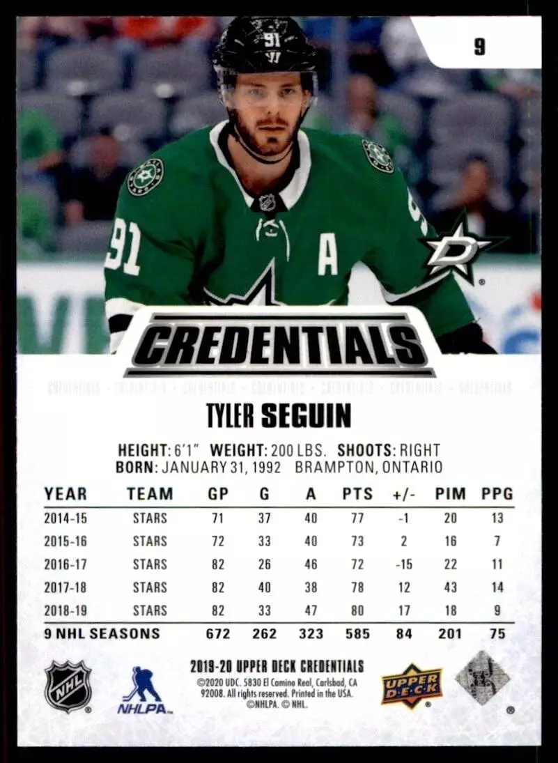 2019-20 Upper Deck Credentials #9 Tyler Seguin 1