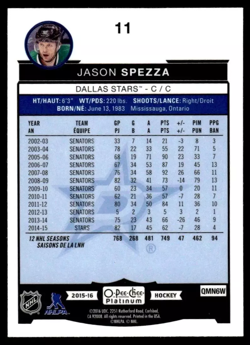 2015-16 O-Pee-Chee Platinum #11 Jason Spezza 1