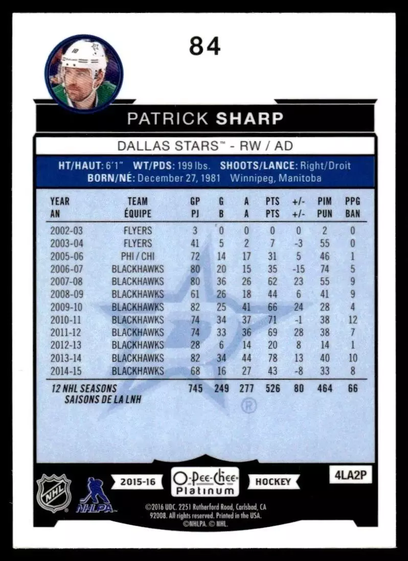 2015-16 O-Pee-Chee Platinum #84 Patrick Sharp 1