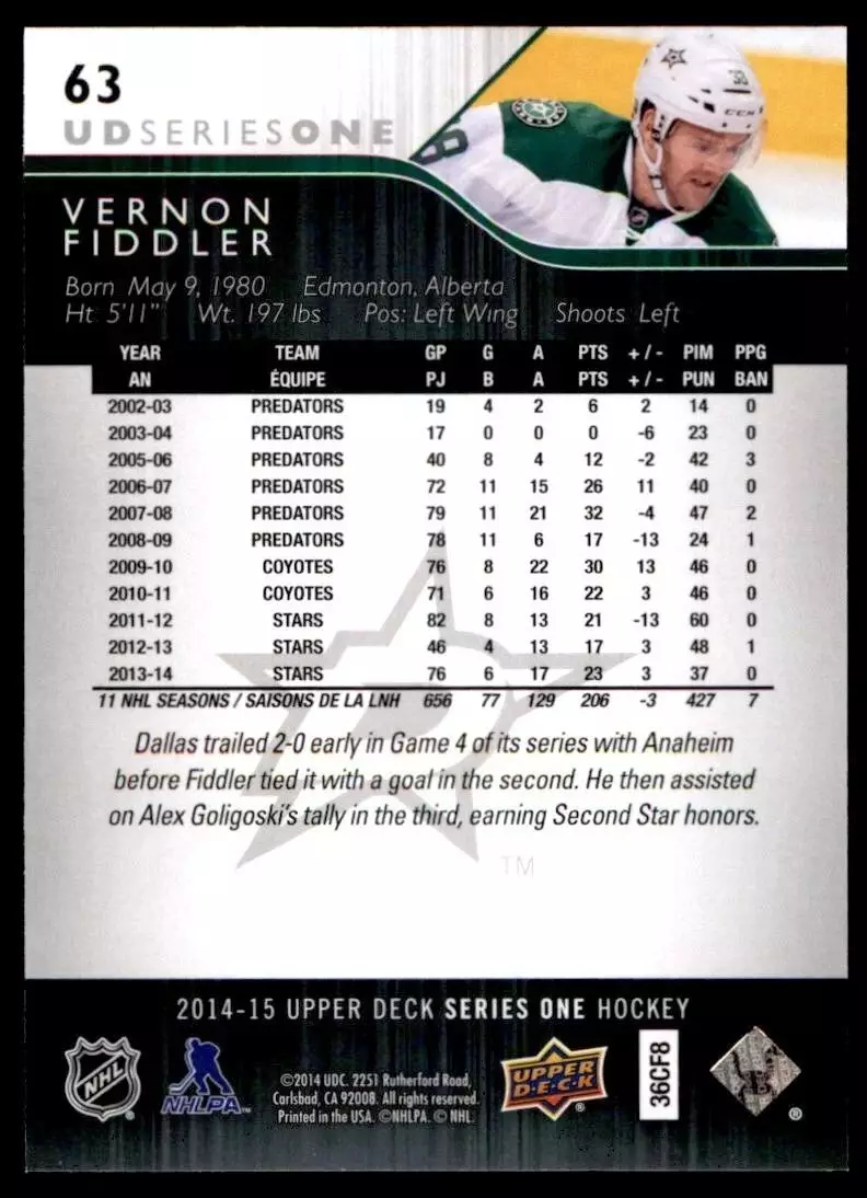 2014-15 Upper Deck #63 Vernon Fiddler 1
