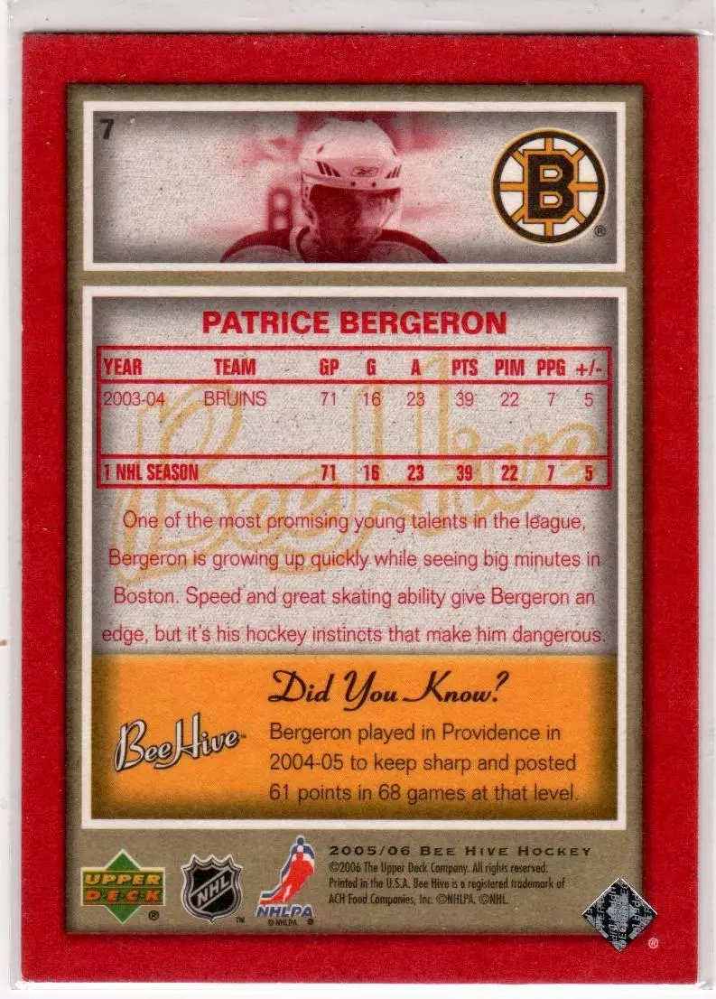 2005-06 Beehive Red #7 Patrice Bergeron 1