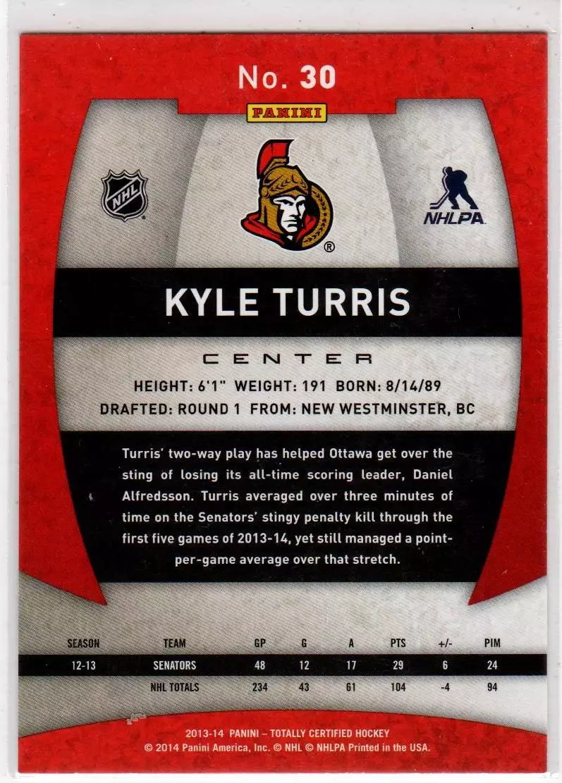 2013-14 Panini Totally Certified Platinum #30 Kyle Turris 1