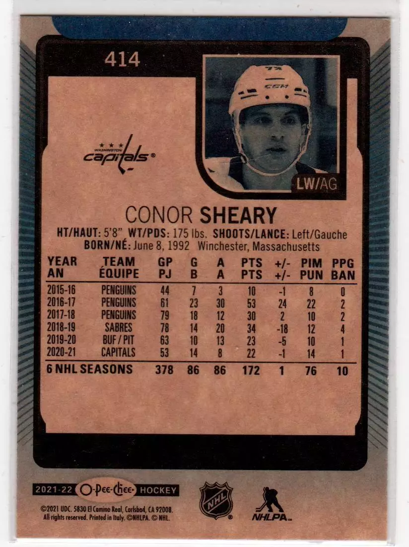 2021-22 O-Pee-Chee Blue Border #414 Conor Sheary 1