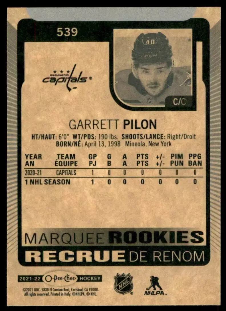 2021-22 O-Pee-Chee #539 Garrett Pilon RC \ Barys Astana 1