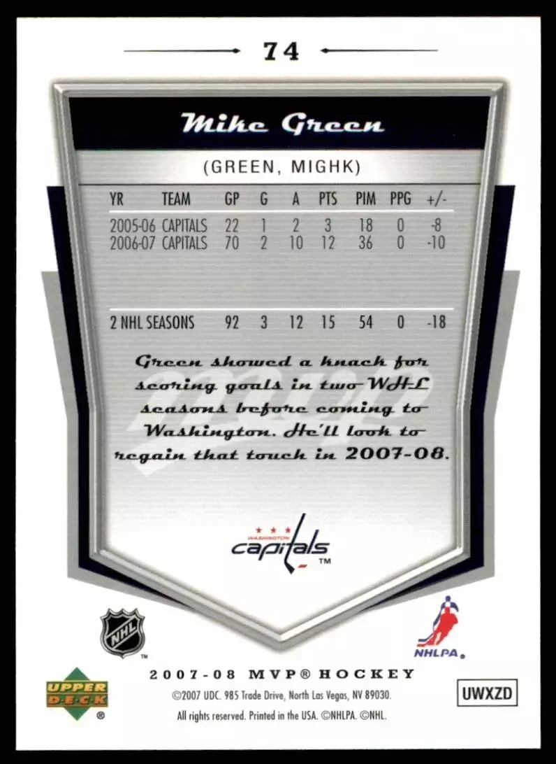 2007-08 Upper Deck MVP #74 Mike Green 1