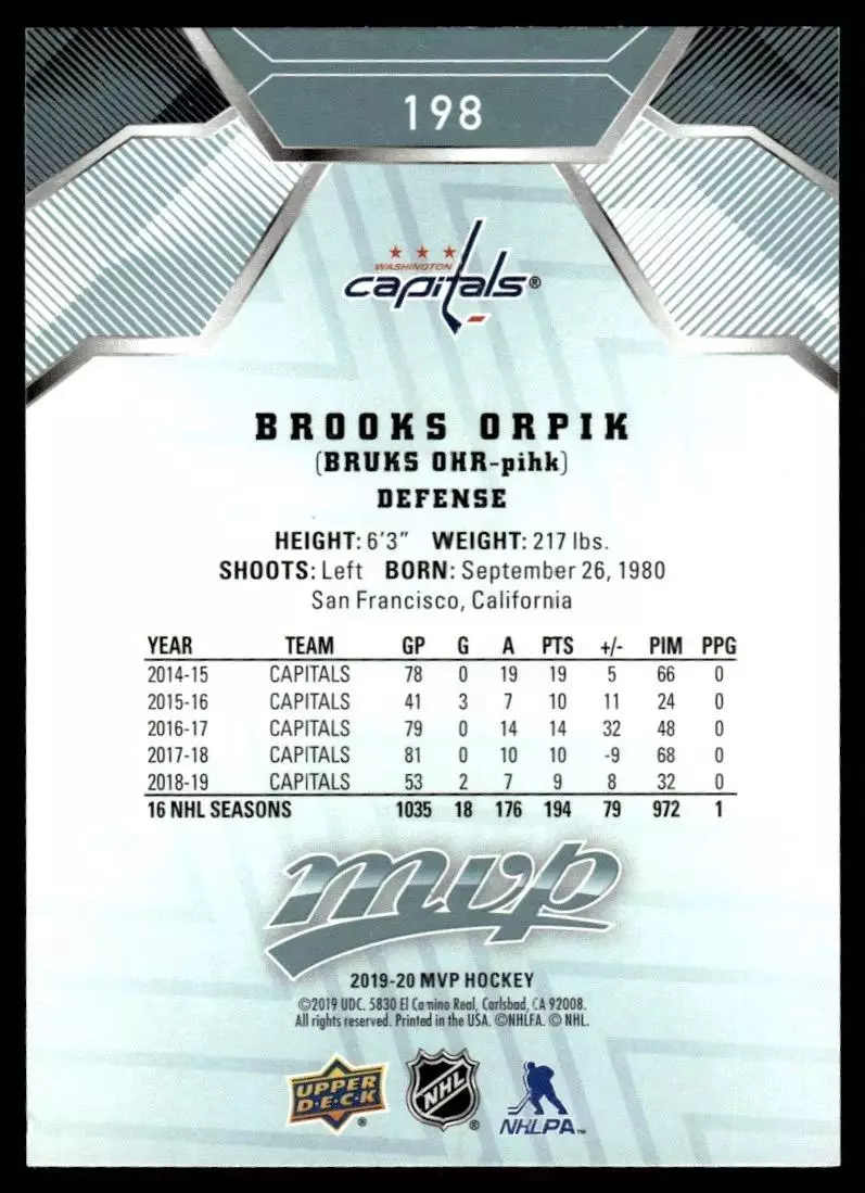 2019-20 Upper Deck MVP #198 Brooks Orpik 1