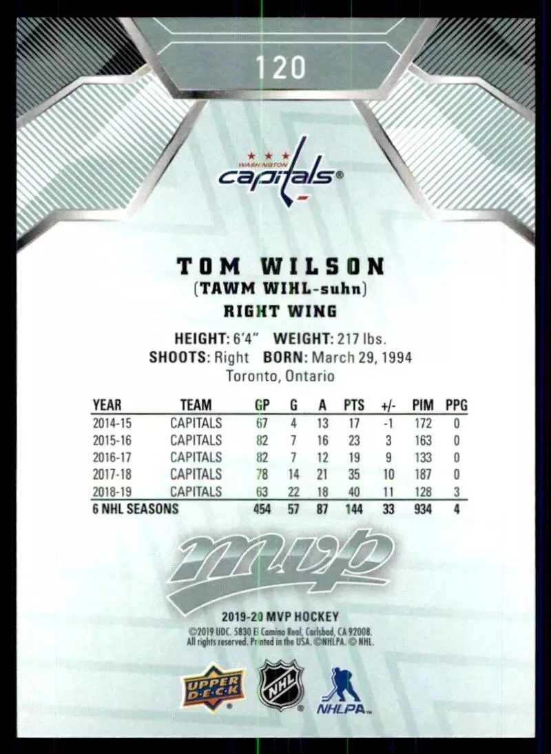 2019-20 Upper Deck MVP #120 Tom Wilson 1