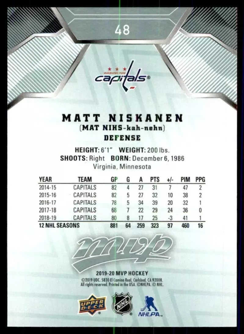 2019-20 Upper Deck MVP #48 Matt Niskanen 1