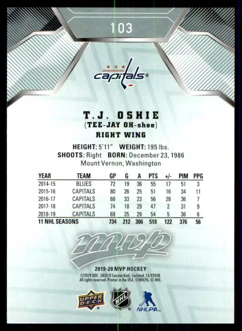 2019-20 Upper Deck MVP #103 T.J. Oshie 1