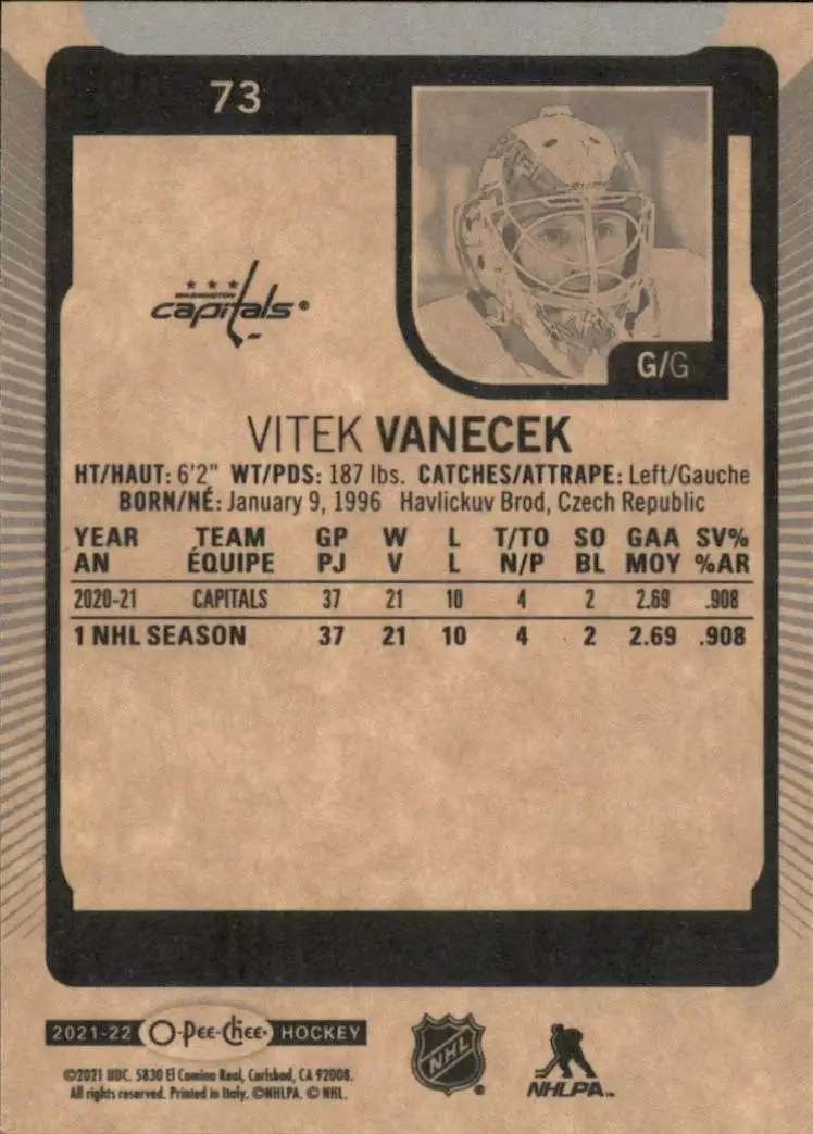 2021-22 O-Pee-Chee #73 Vitek Vanecek 1