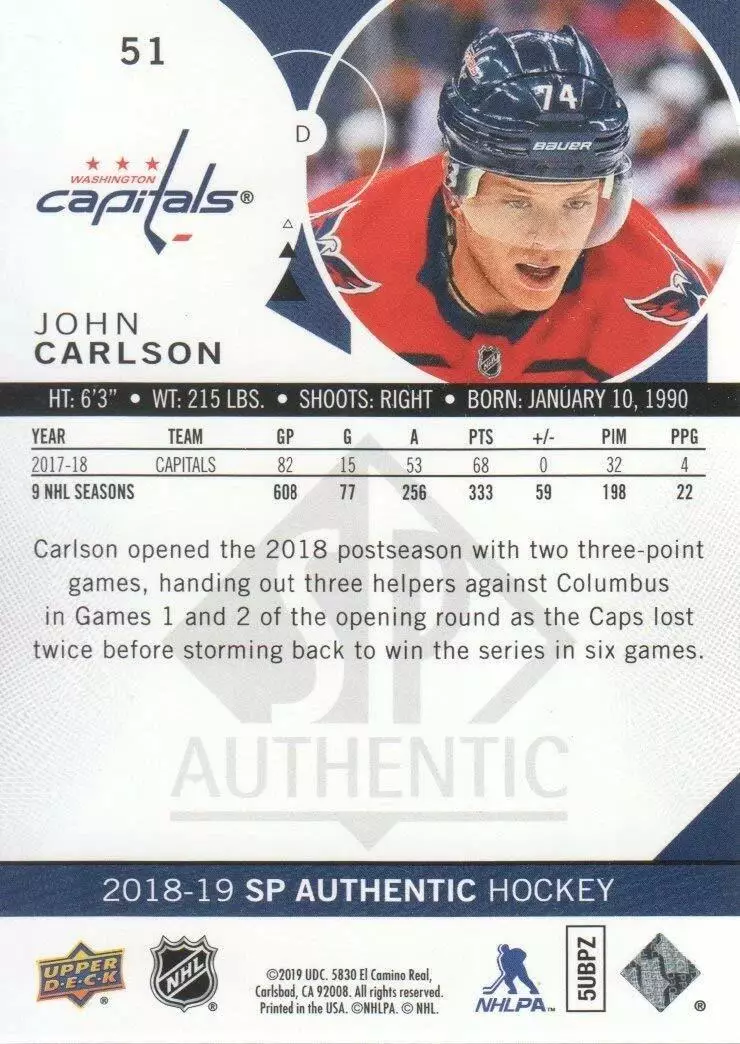 2018-19 SP Authentic #51 John Carlson 1