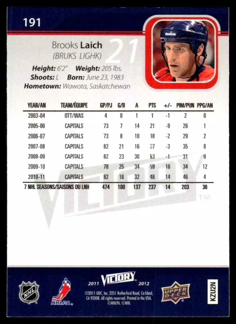 2011-12 Upper Deck Victory #191 Brooks Laich 1