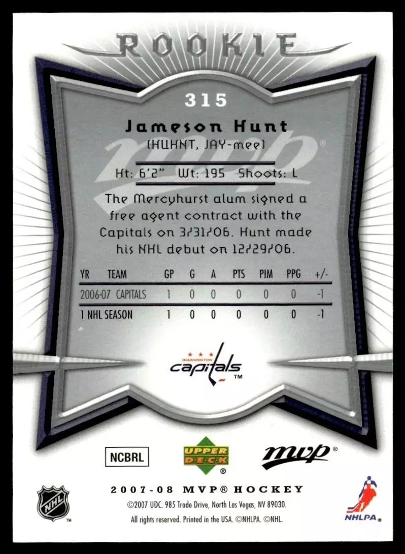2007-08 Upper Deck MVP #315 Jamie Hunt RC 1