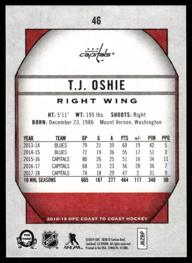 2018-19 O-Pee-Chee Coast to Coast #46 T.J. Oshie 1