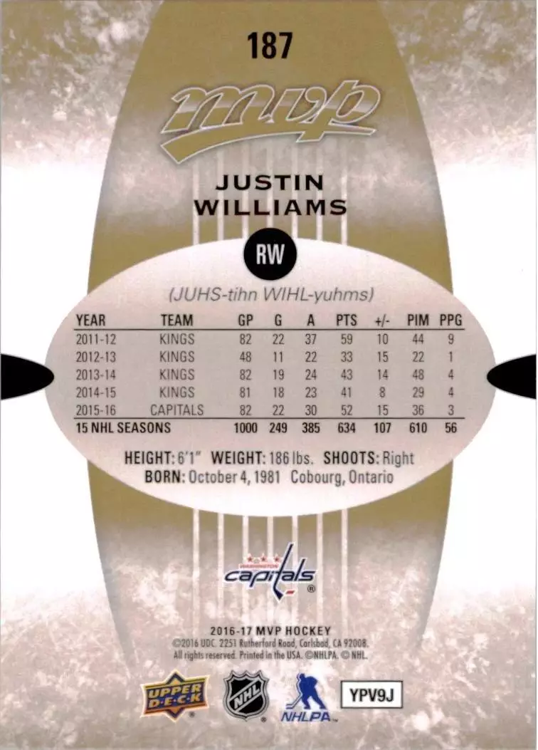 2016-17 Upper Deck MVP #187 Justin Williams 1