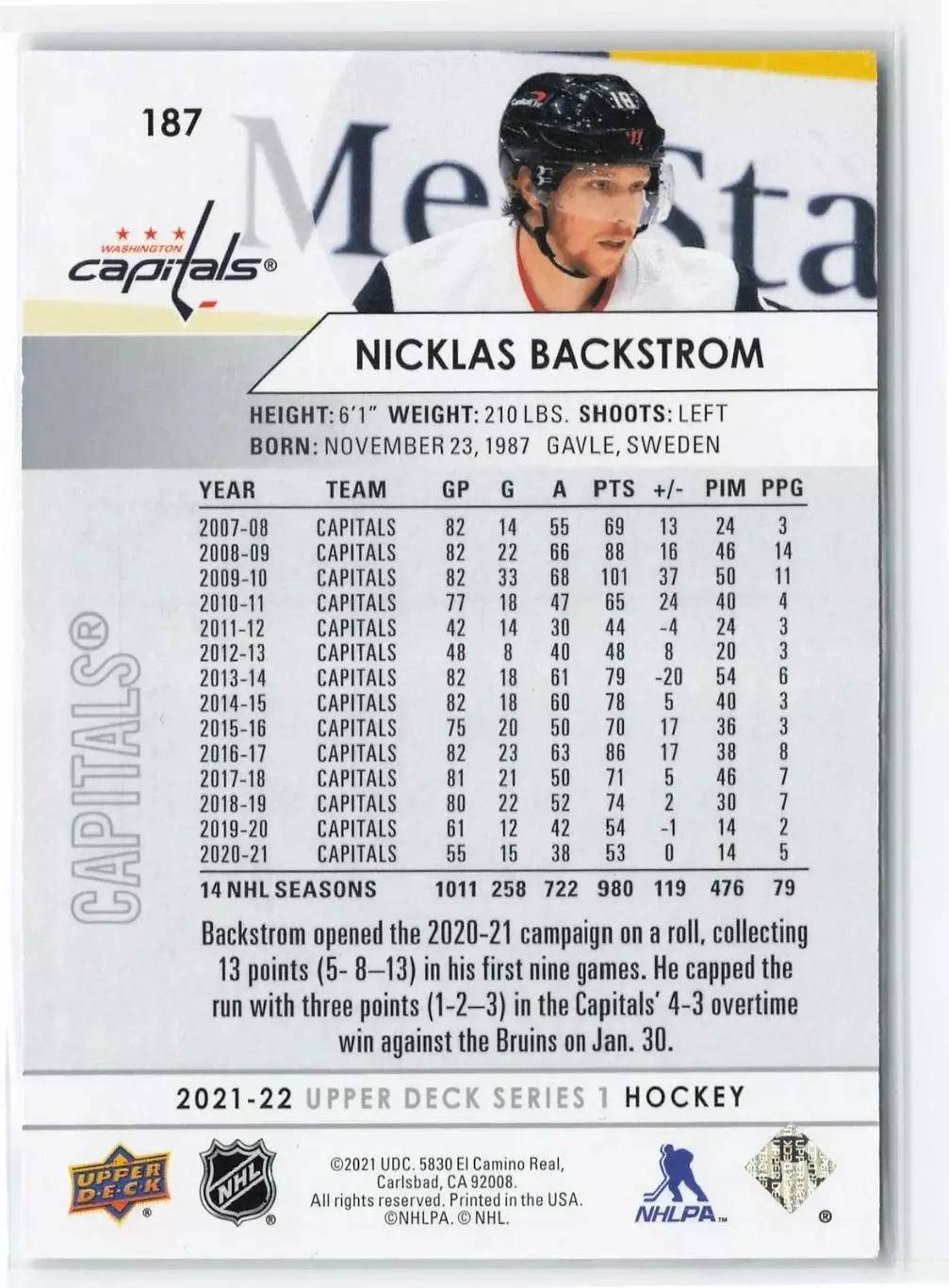 2021-22 Upper Deck #187 Nicklas Backstrom 1