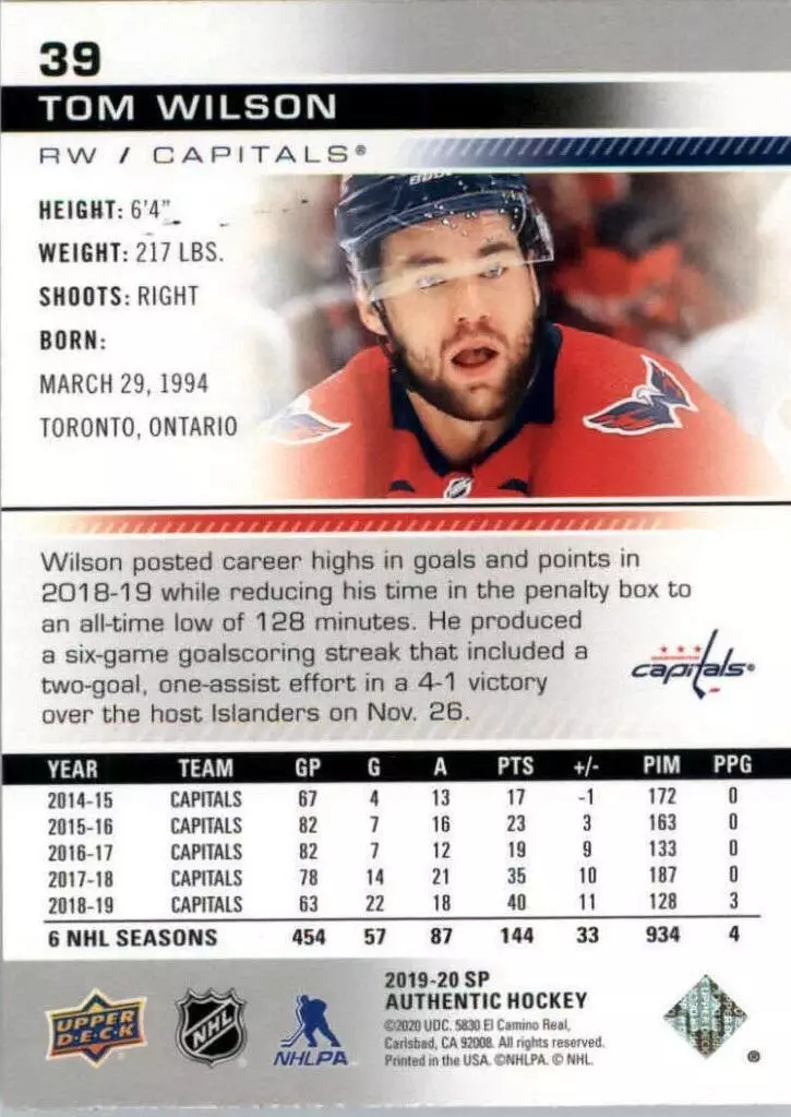 2019-20 SP Authentic #39 Tom Wilson 1