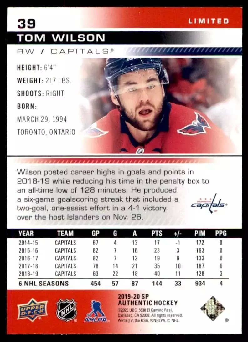 2019-20 SP Authentic Limited Red #39 Tom Wilson 1