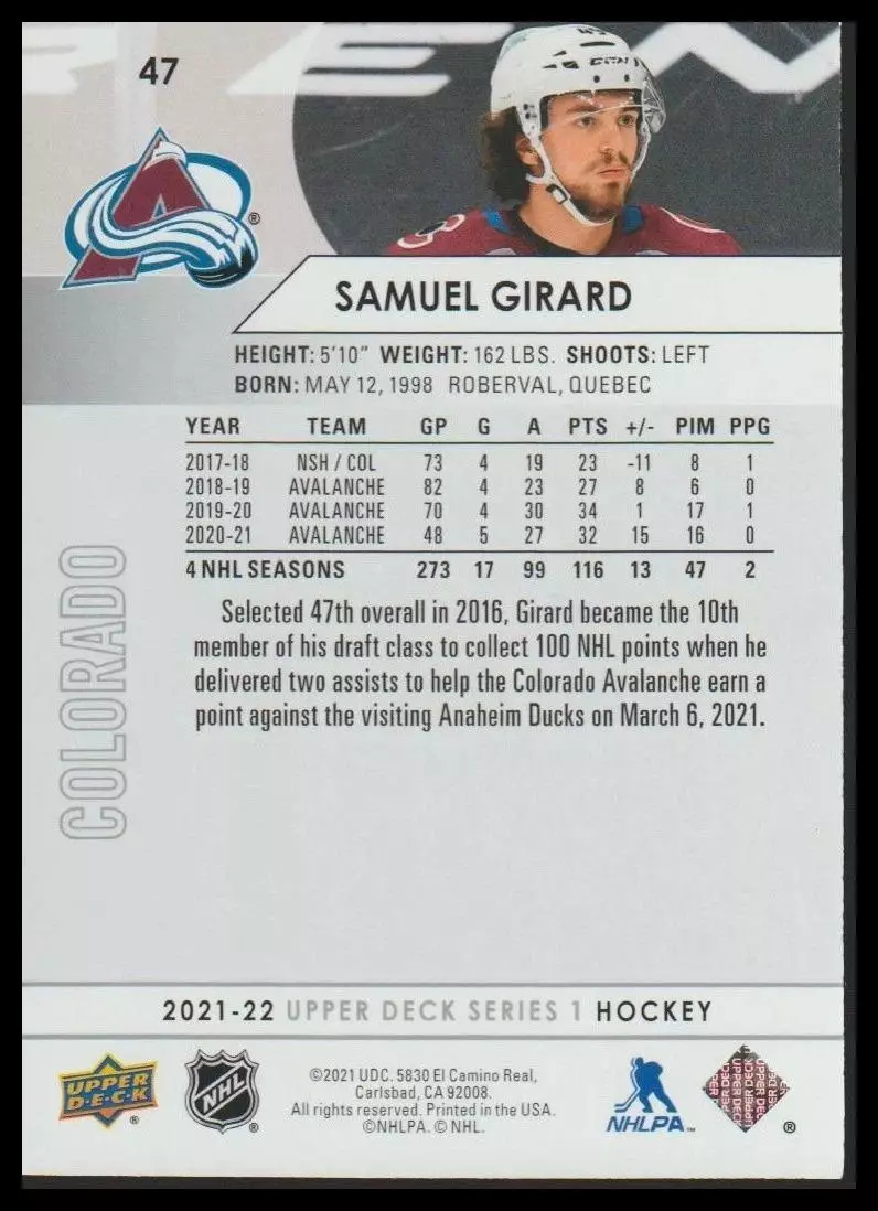 2021-22 Upper Deck #47 Samuel Girard 1