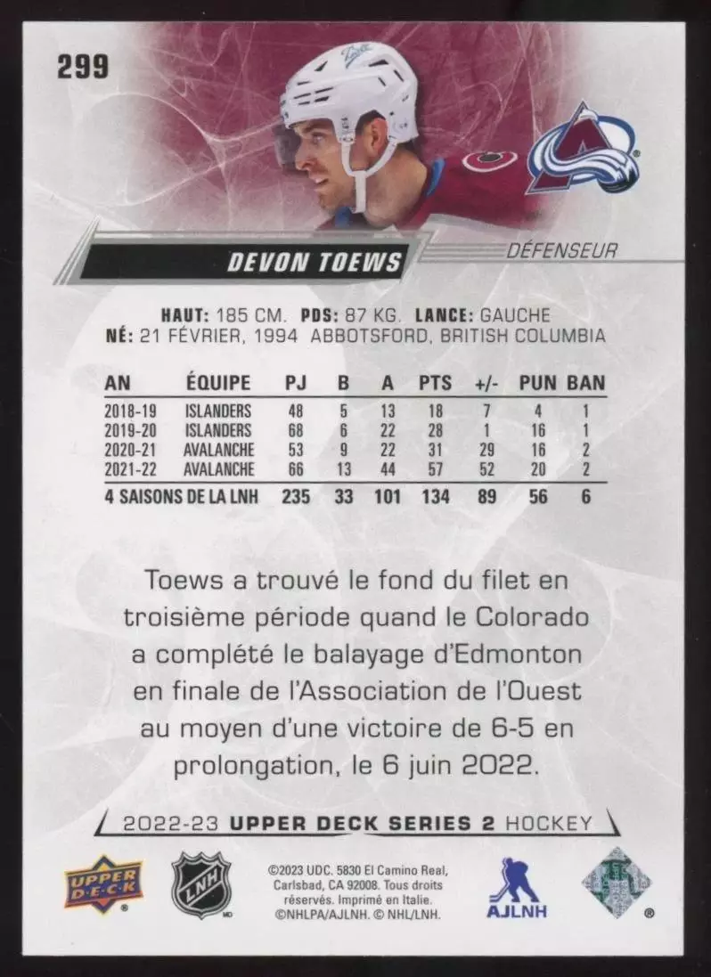 2022-23 Upper Deck #299 Devon Toews 1