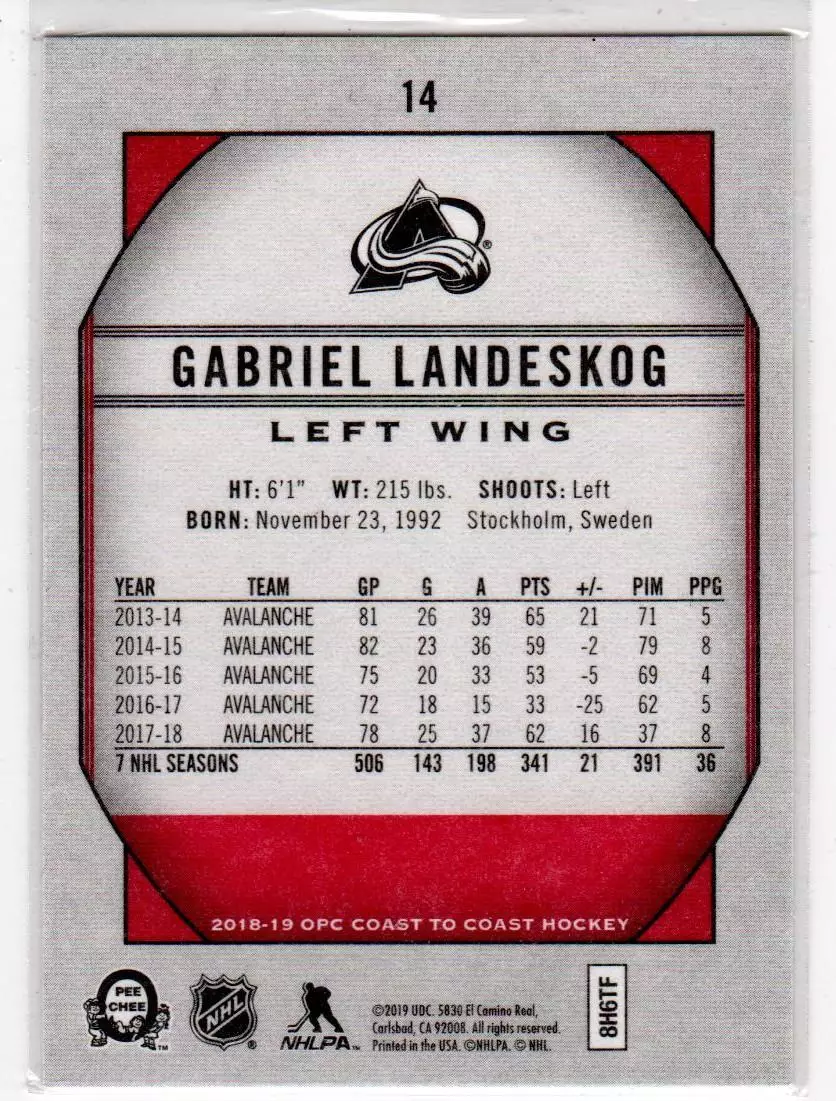 2018-19 O-Pee-Chee Coast to Coast ##14 Gabriel Landeskog 1