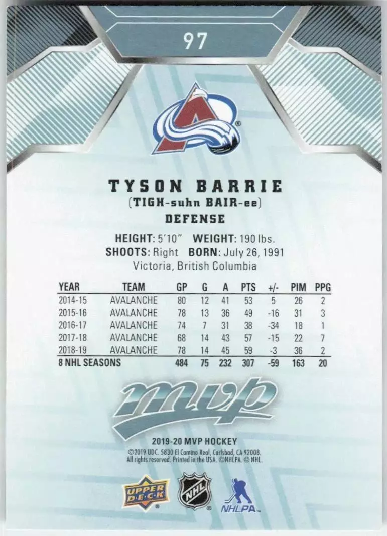 2019-20 Upper Deck MVP #97 Tyson Barrie 1