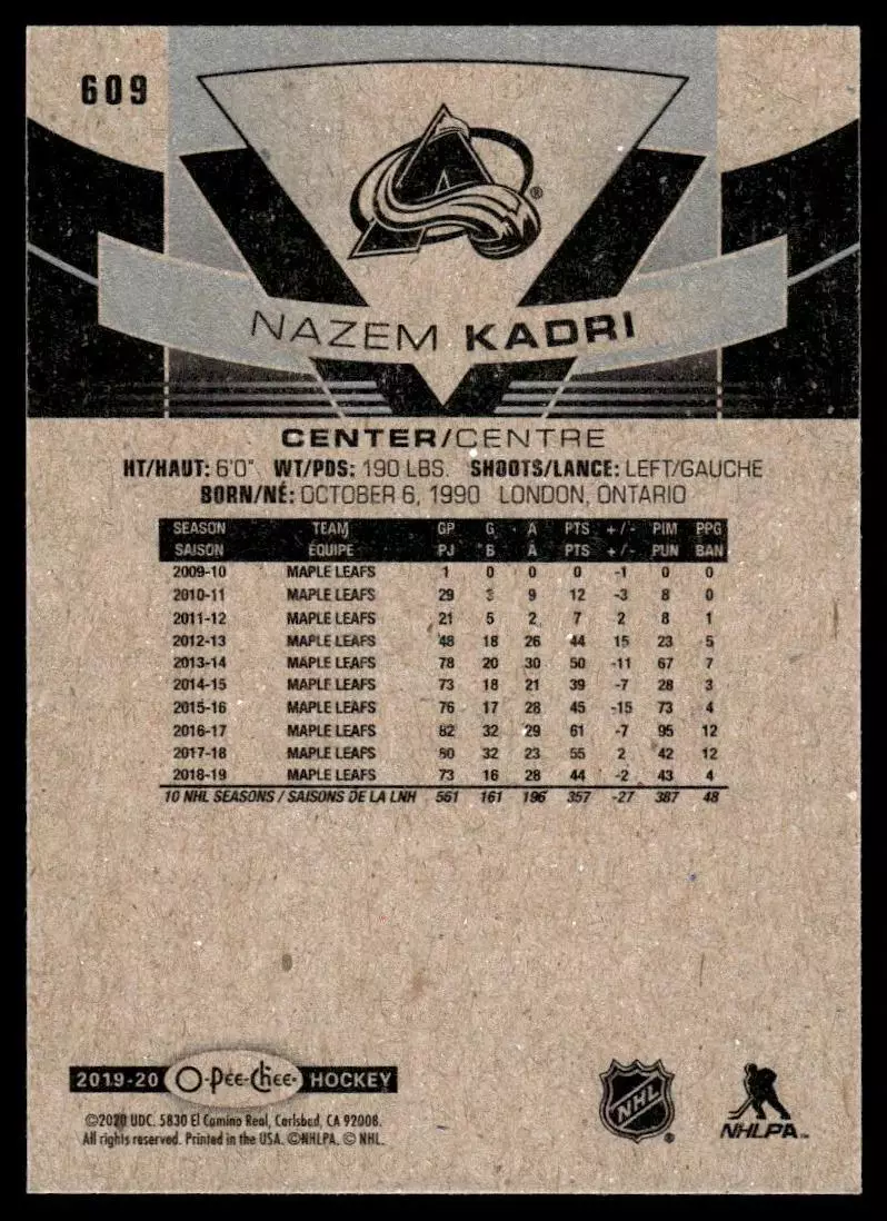 2019-20 O-Pee-Chee#609 Nazem Kadri 1