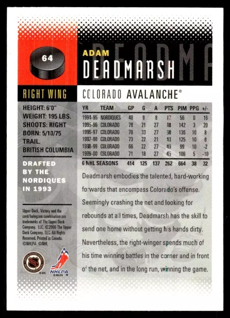 2000-01 Upper Deck Victory #64 Adam Deadmarsh 1