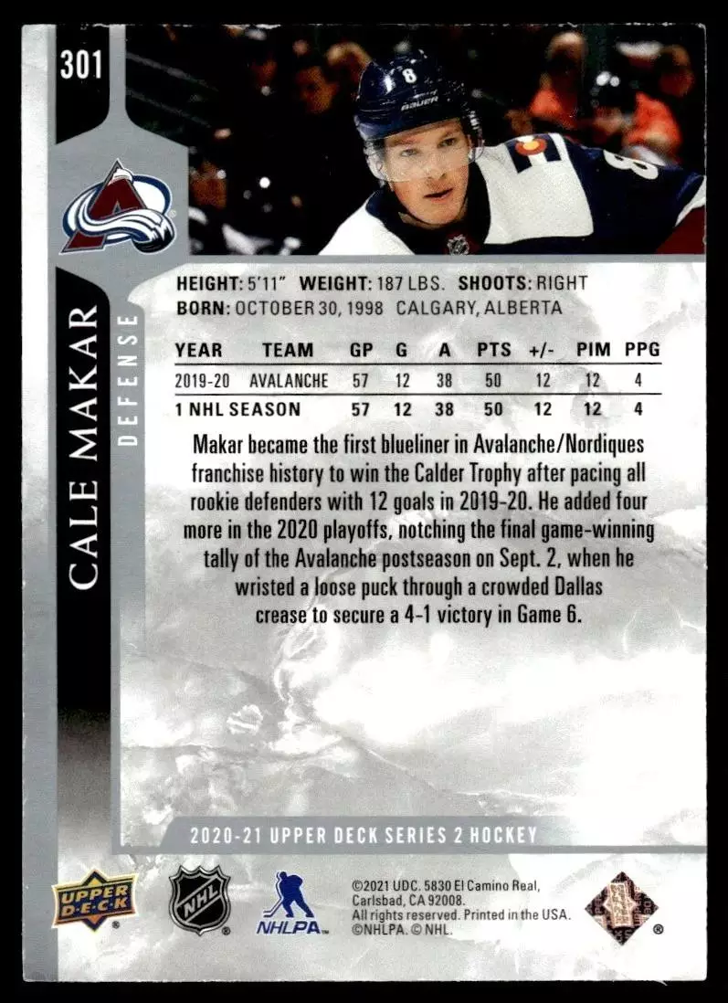 2020-21 Upper Deck #301 Cale Makar 1
