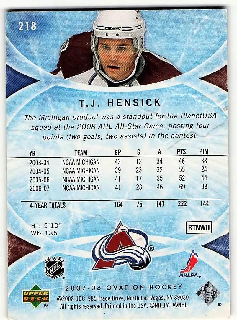 2007-08 Upper Deck Ovation #218 T.J. Hensick 1